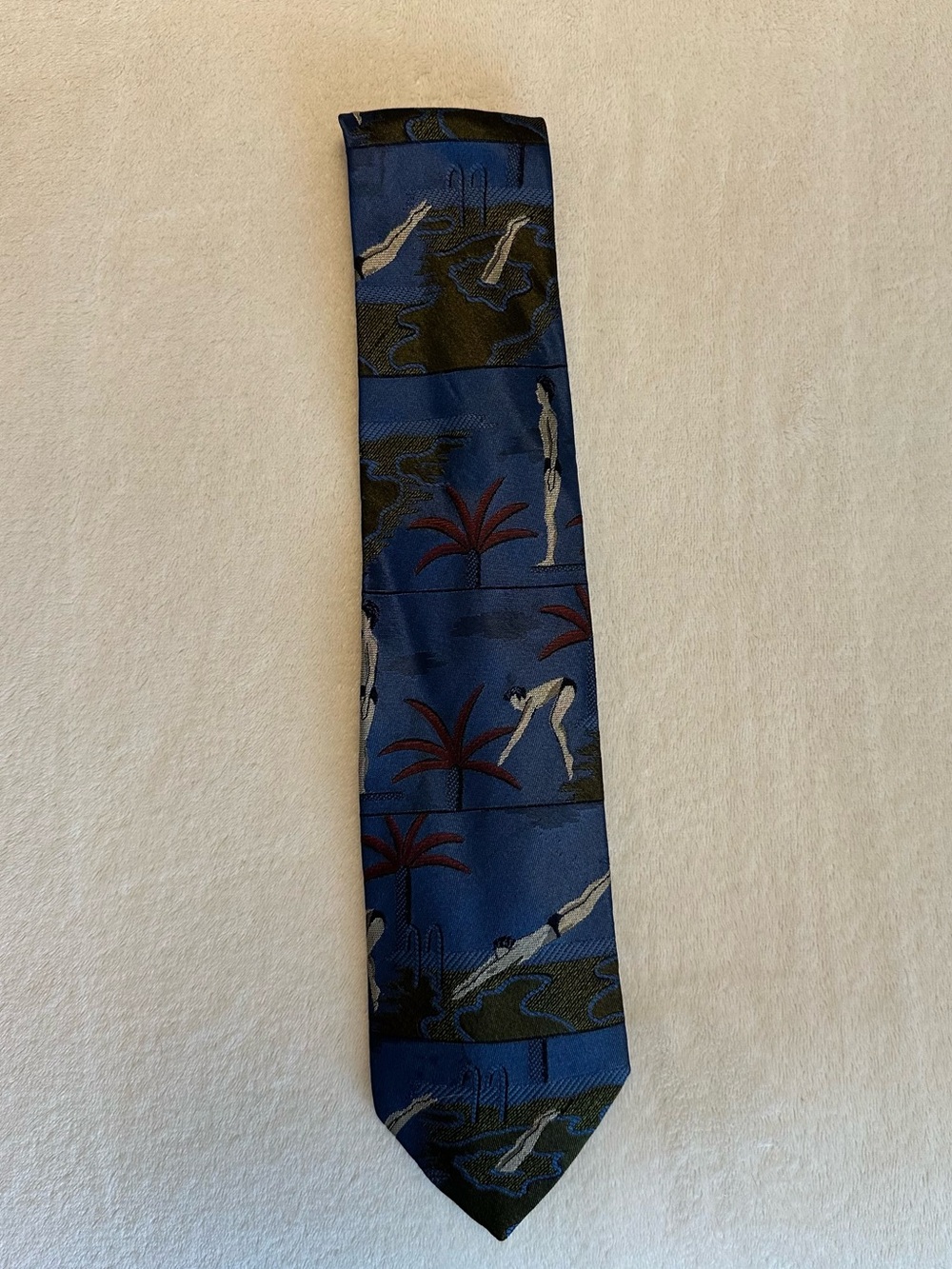 Rate Vintage 90s Moschino Silk Tie Diver Swimmer Palm Tree